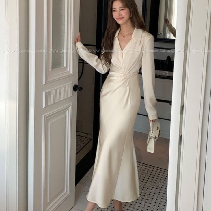 白コーデ 優美なツイストデザイン ロングワンピース