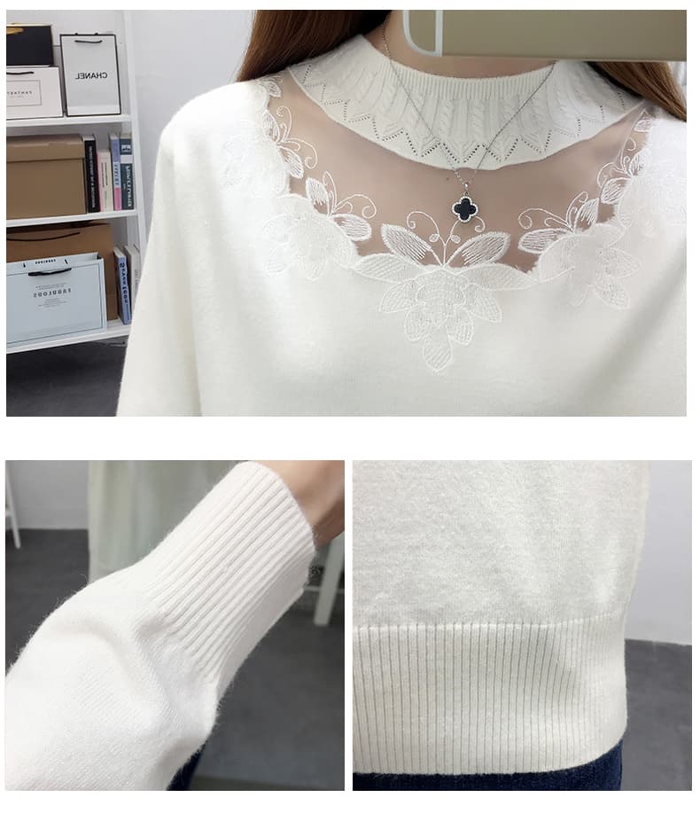 白コーデ 透かし刺繍入りメッシュ襟ニットブラウス