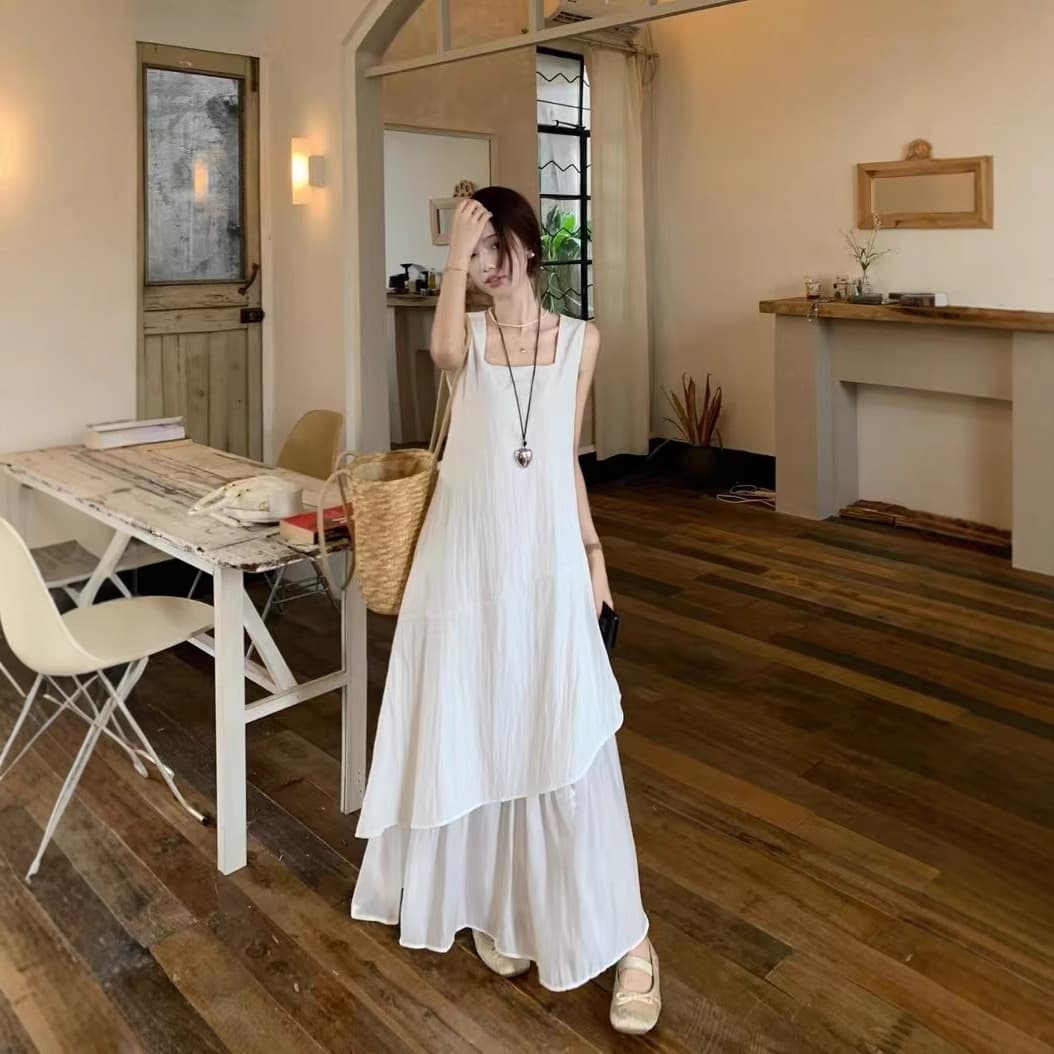白コーデ 重ね仕立て優美ノースリーブワンピース