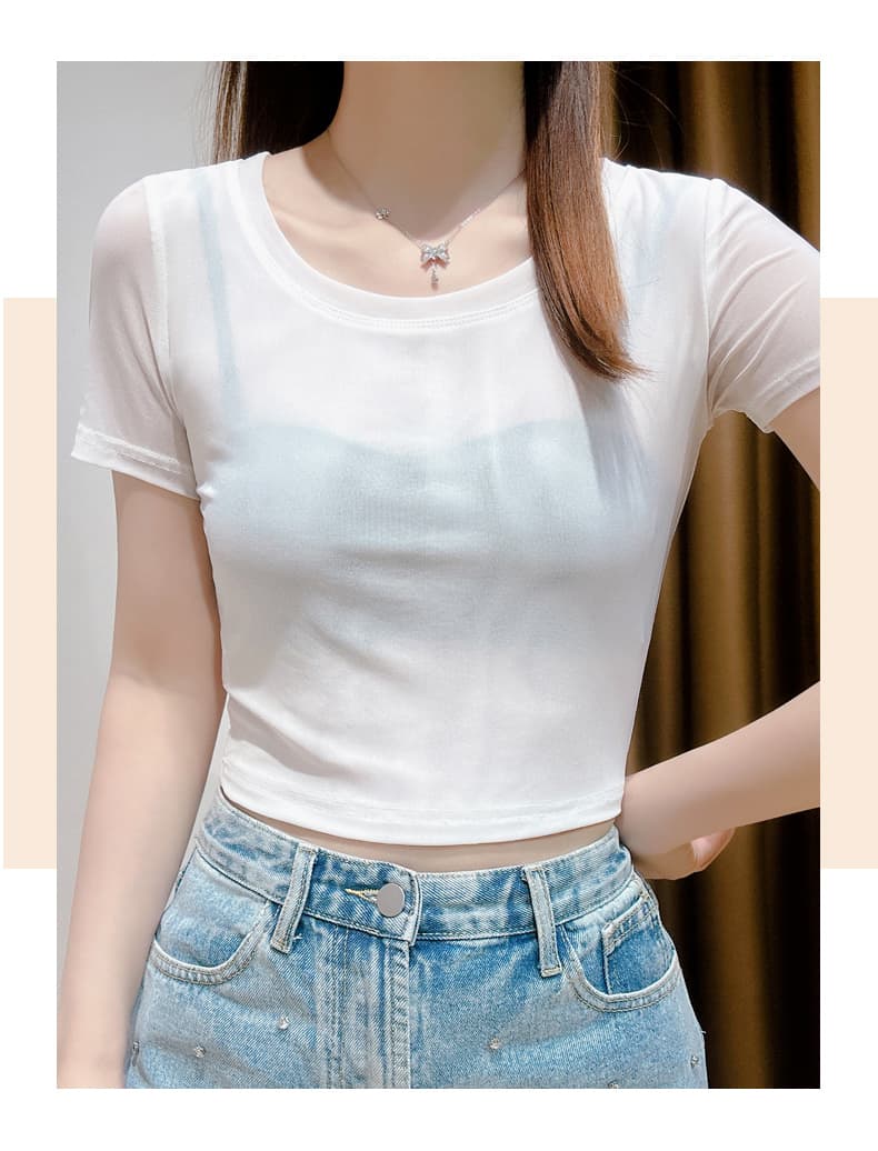 白コーデ シンプル丸首クロップド半袖カットソー