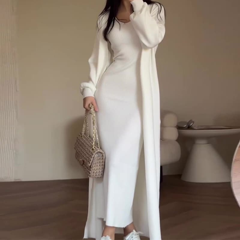 白コーデ リブニット ロングワンピース ロングカーディガンセット