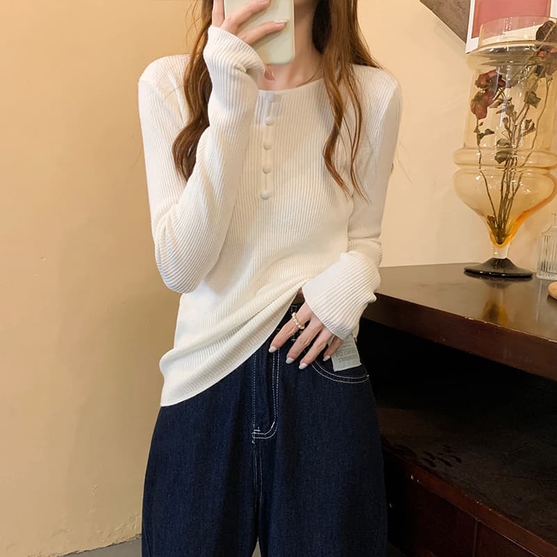 白コーデ フロントボタンリブニット長袖トップス☝️