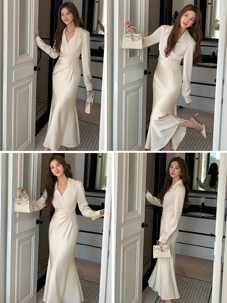 白コーデ 優美なツイストデザイン ロングワンピース
