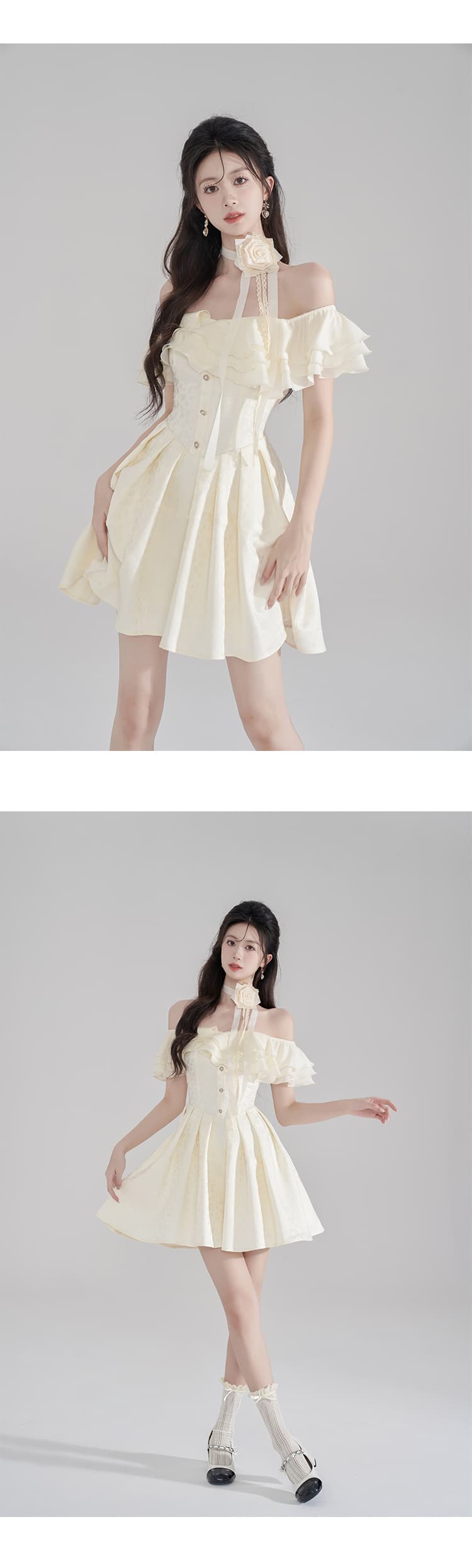 白コーデ 優美な肩出しフリルドレス