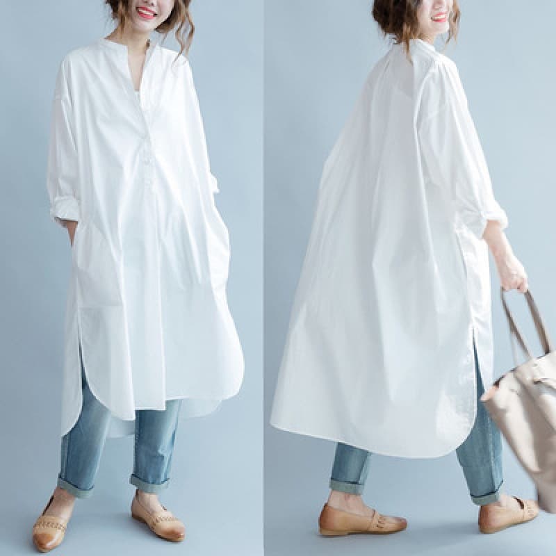 白コーデ 白シャツワンピース ゆったり大きいサイズ 体型カバー