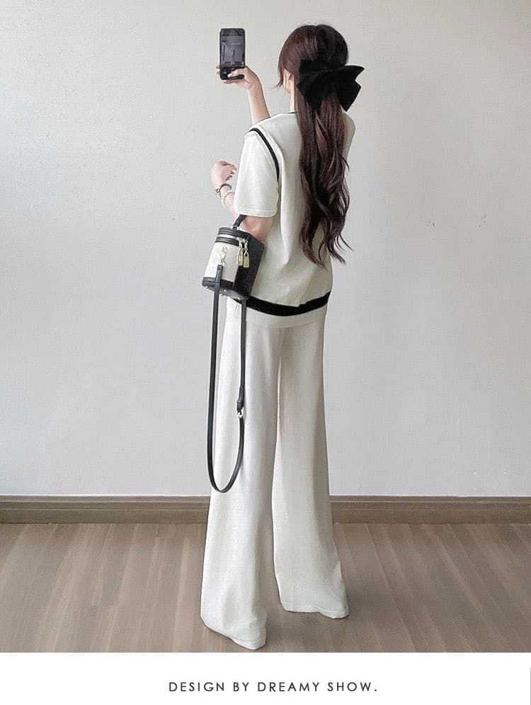 白コーデ ライン入りゆったりニット上下セット