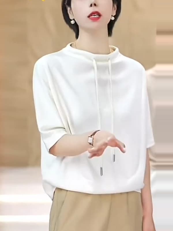 白コーデ 優雅な半袖フード付きプルオーバー