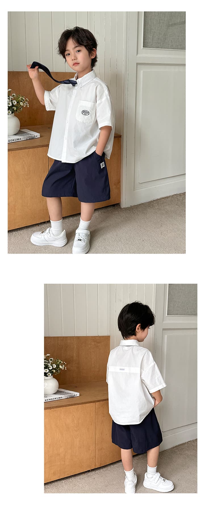 白コーデ 清潔感あふれる学院風半袖シャツ