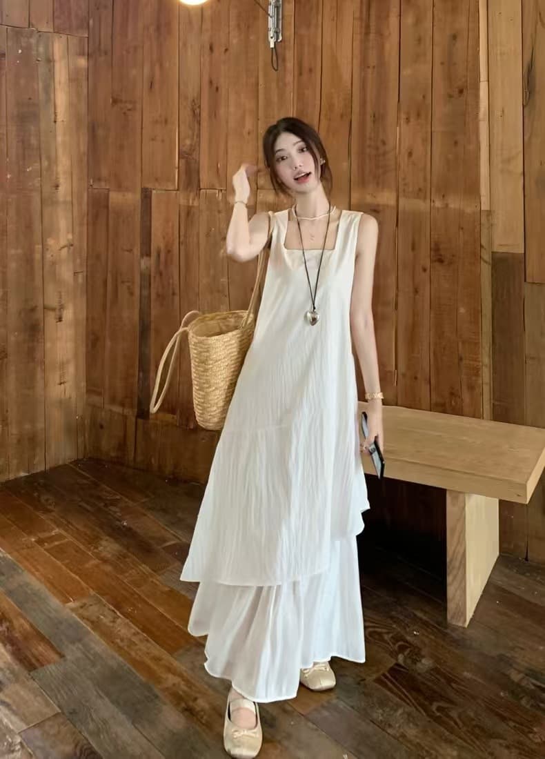 白コーデ 重ね仕立て優美ノースリーブワンピース